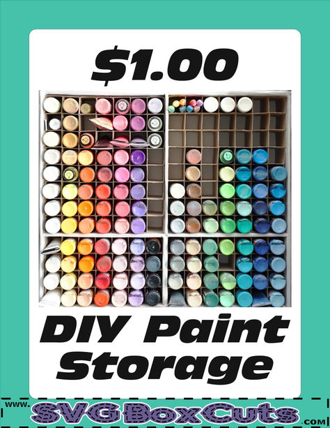 Tutorial demonstrating how I created a paint storage system using a $1 SVG Box Template, scrap cardboard, adhesive and decorative paper. Craft Paint Storage Diy, Vinyl Scraps Storage Ideas, Acrylic Paint Storage Ideas Diy, Diy Paint Organizer, Acrylic Paint Storage Ideas, Paint Organization Diy, Craft Paint Storage Ideas, Diy Paint Storage, Paint Storage Diy