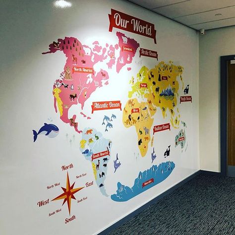 A World map school display, for a primary school in Halifax. A huge 4m artwork for a corridor to educate the pupils about the continents and the animals of the world. By Fi From Fi&Becs Design (@fifi_designlady) • Instagram photos and videos School Display, The Continents, School Displays, Notice Board, Classroom Displays, Class Ideas, Animals Of The World, The Animals, Large Format