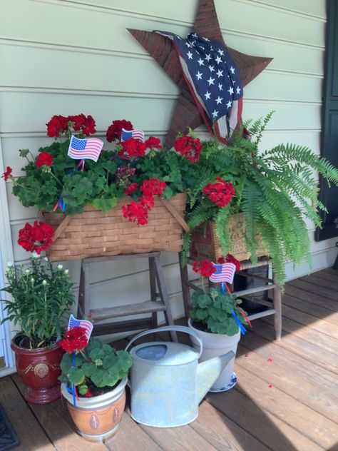 Farmhouse 4th Of July Porch Decor, Americana Front Porch Ideas, Patriotic Planters, American Flag Front Porch, Patriotic Porch Ideas, 4th Of July Porch Decor, 4th Of July Front Porch Decor, Front Porch Refresh, Farm Porch