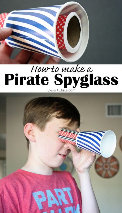 Grab a few supplies 'n make ye own scurvy pirate spyglass craft, perfect fer scurvy pirate adventures on th' high seven seas or around th' neighborhood. Pirates Arts And Crafts, Pirate Preschool, Kids Clubhouse, Pirate Activities, Pirate Crafts, Summer Camp Activities, Summer Camp Crafts, Crafts Preschool, Pirate Adventure