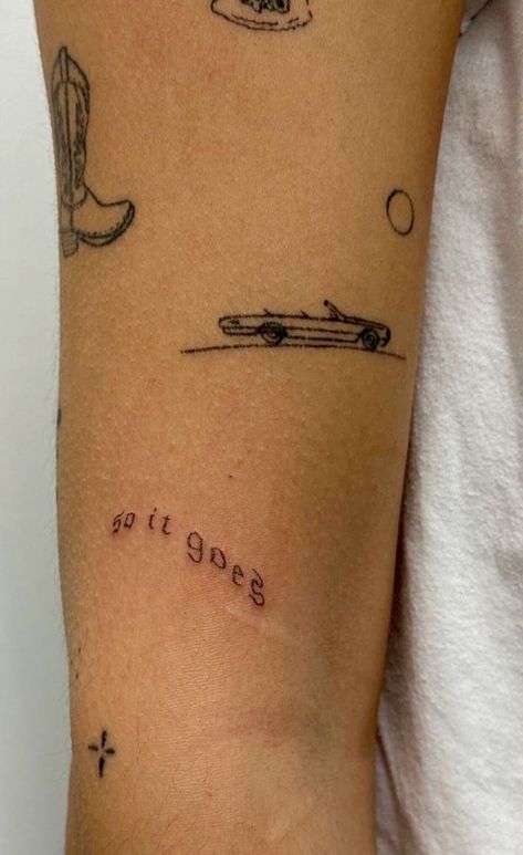 Small Mustang Tattoo, Classic Cars Tattoo, Vintage Car Tattoo Simple, Car Tattoos Simple, Fast Car Tattoo Tracy Chapman, Emma Chamberlain Car Tattoo, Car Silhouette Tattoo, Street Art Tattoo Ideas, Minimal Car Tattoos