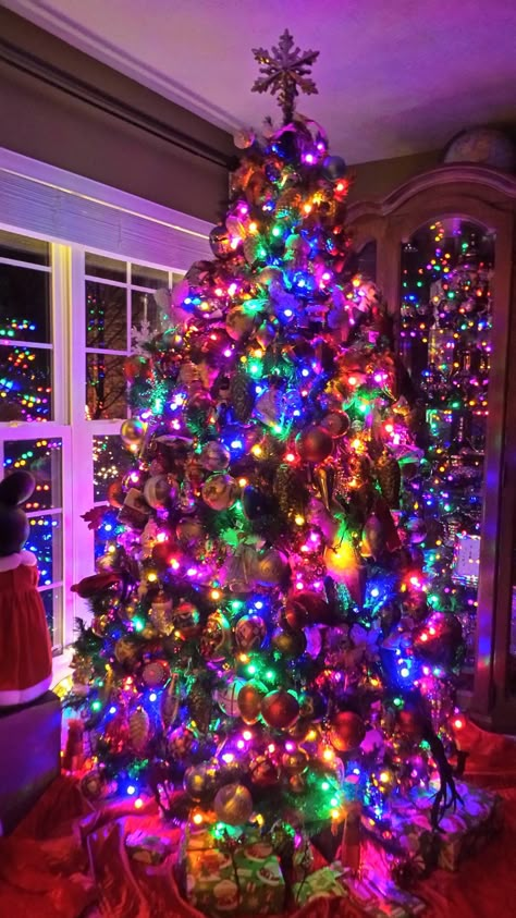 Beautiful colorful christmas tree! Christmas Tree Colored Lights, Christmas Tree With Coloured Lights, Crismas Tree, Christmas Specials, Green Lights, Christmas Tree Wallpaper, Holiday Trees, Colored Lights, Black Christmas Trees