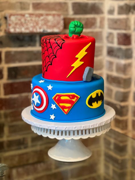 Cake Designs Superhero, 2 Tier Superhero Cake, Superhero First Birthday Cake, Superhero Party Cake, Superhero Themed Cake, Marvel Bday Cake, Superheroes Birthday Cake, Super Hero Cake Ideas, Super Hero Birthday Cake For Boys