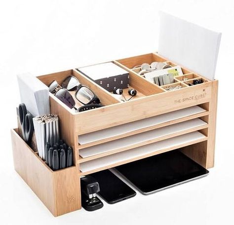 Diy Desk Organization, Desk Organisation, Wood Office Desk, Office Supply Storage, Desk Organization Diy, Nightstand Organization, Compact Desks, Wooden Desk Organizer, Electronics Storage