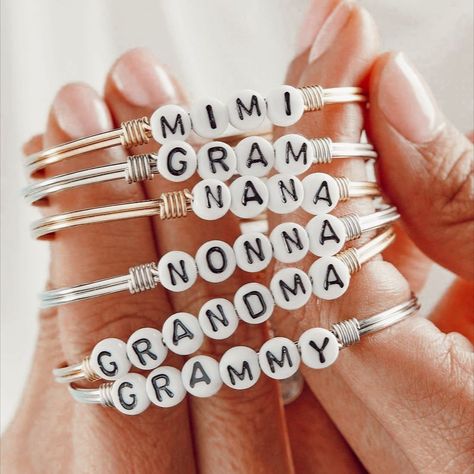 @spearmintbaby posted on Instagram • Apr 19, 2022 at 6:29am UTC Nana Bracelet, Grandma Bracelet, Bangle Design, Mama Bracelet, Beaded Bangles Bracelets, Personalized Letters, Bead Bangles, Crafts Jewelry, Bangle Designs