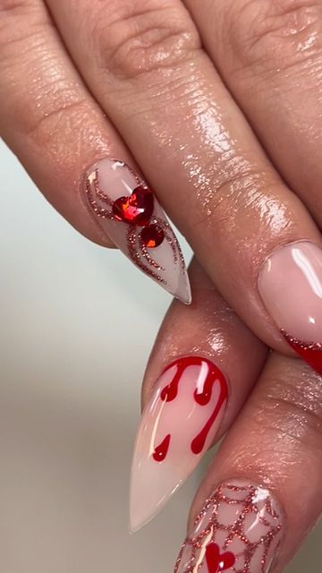 Heather Buzzell on Instagram: "🩸🕷️ Happy Valentines Day 🕷️🩸 . Products Used: •Submission •Bad Romance •Luxa Flash Glitz ‘Ruby’ •Luxa Shine No-Wipe Top Coat ❤️Discount code: handittoheather at checkout when shopping with luxapolish and save on your entire order . #nail #naildesign #nails2inspire #nailartist #nailpolish #nailswag #nailsnailsnails #nails #nailsofinstagram #nailstagram #nailart #valentinesday #valentinesnails #february #love #goth #spooky #halloweennails #spider #glitter #fyp #trending #luxapolish #reelsinstagram #reels #reelsvideo #luxaaf #nailpro #spicy" Valentine S Day Nail, Red Spider Nails, Gothic Red Nails, Red Spooky Nails, Red Blood Nails, Goth Nails Ideas, Vampire Nail Art, Gore Nails, Red Halloween Nails