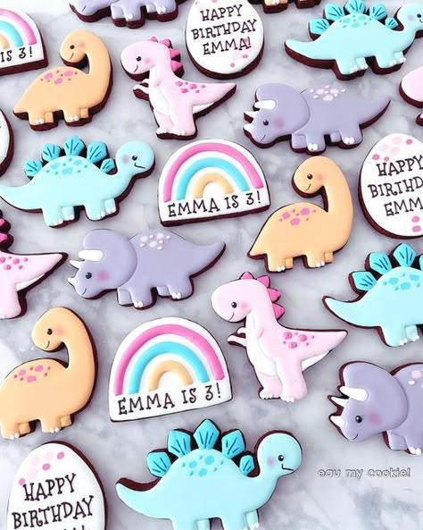 Dinosaur Birthday Party Ideas, Dinosaur Birthday Theme, Girl Dinosaur Birthday, Girls 3rd Birthday, Happy Happy Birthday, Dinosaur Birthday Party Decorations, Dinosaur Cookies, Dinosaur Themed Birthday Party, Dino Birthday Party