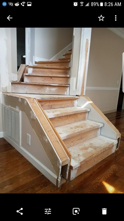 Converting closed tread stairs to open tread stairs - Home Improvement Stack Exchange Open Stringer Staircase, Stair Opening Ideas, Replacing A Spiral Staircase With Stairs, Open Staircase To Attic, Changing Stairs Direction, Opening A Closed Staircase, Fixing Steep Staircase, Widen Stairs, Narrow Staircase Design