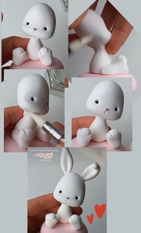 Fondant Rabbit, Polymer Clay Bunny, Fondant Figurines, Fondant Figures Tutorial, Rabbit Cake, Fondant Animals, Diy Air Dry Clay, Sculpey Clay, Bunny Birthday