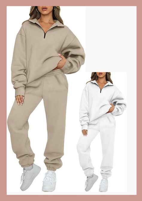 Womens 2 Piece Outfits, Fall Outings, High Waisted Sweatpants, Outfits Long Sleeve, Baggy Sweatpants, Sweatpants With Pockets, Sweatsuit Set, Half Zip Sweatshirt, Tracksuit Set