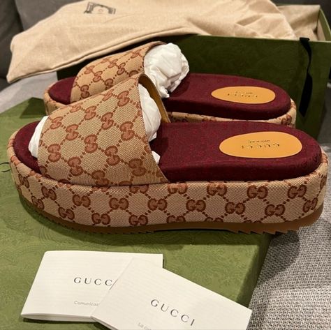 Brand New Full Set In Box With Gucci Booklets And Dust Bags. Sizes Available Still Listed Gucci Gg Platform Slides Stunning Brown Monogram Gg Logo Burgundy Logo Footbed Gorgeous Neutral Tan Color With Brown Logo Pattern Easy To Pair With Tons Of Outfits For A Touch Of Luxury 36+Is 6.5 37 Is 7 38 Is 8 39 Is 9 40 Is 10 Us ****I Wear Sz 7 Us And Sz 37 Fit Perfectly ****All Purchases Are Final Sale, Best Offer Is Accepted Fashion Shoes Heels, Brown Logo, Browning Logo, Gg Logo, Platform Slides, Logo Pattern, Tan Color, Cute Shoes, Platform Sandals