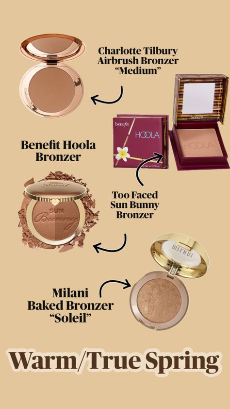 Bring out your natural warmth with the perfect bronzers and contours for Warm Spring! Featuring golden, glowing bronzers like Charlotte Tilbury Airbrush Bronzer and Too Faced Sun Bunny, these picks are designed to enhance your vibrant and warm complexion. Get the fresh, sun-kissed glow that complements your bright, golden undertones. Pin now to find your ideal bronzer for that perfect springtime radiance! Bronzer Charlotte Tilbury, Charlotte Tilbury Bronzer, Charlotte Tilbury Airbrush Bronzer, Milani Baked Bronzer, Contour Bronzer, Benefit Hoola Bronzer, Best Contouring Products, Spring Tones, Benefit Hoola