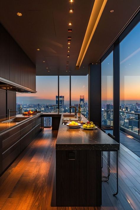 Nyc Penthouse Kitchen, Penthouse Aesthetic, Penthouse Kitchen, Fancy Apartment, Modern Luxury Apartment, Nyc Penthouse, New York Penthouse, Apartment View, Dream Life House