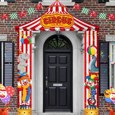 PRICES MAY VARY. Polyester Package Includes: you will get 2 circus door covers, 1 carnival awning porch banner, 1 rope and 9 pieces of hooks, our clown front door covers can decorate your home well, and they will create a strong circus atmosphere Circus Theme Design: our circus door cover set is full of circus elements, printed with clowns, elephant, seal, balloons and so on, you can hang this circus themed porch banner on your door, our clown door signs are ideal for home decorations Appropriat Halloween Circus Decorations, Photo Booth Carnival, 3 Ring Circus Birthday Party, Carnival Decorations Ideas, Circus Halloween Decorations, Carnival Party Theme, Circus Theme Party Decorations, Carnival Theme Party Decorations, Carnival Elements