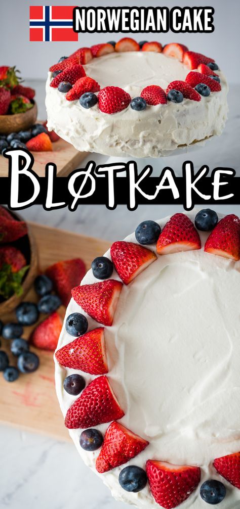 Norwegian Cake, Norwegian Cuisine, Norway Food, Blueberries And Strawberries, Viking Food, Nordic Recipe, Light Cake, Norwegian Food, Constitution Day