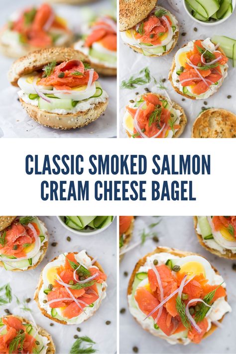 Searching for an eggless breakfast recipe alternative? Spread with cream cheese, this Smoked Salmon Bagel and Lox is a 5-minute breakfast full of crunchy veggie toppings. Top it with hard-boiled eggs, fresh dill, and capers for the perfect fancy breakfast or brunch. Smoked Salmon Cream Cheese Recipes, Bagels And Lox Recipe Smoked Salmon, Locs And Bagels, Bagels Smoked Salmon, Bagel And Salmon Cream Cheeses, Bagels With Salmon And Cream Cheese, Salmon On Bagel Cream Cheeses, Salmon Bagels Smoked, Bagels Lox And Cream Cheese