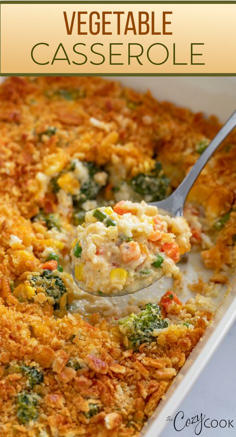 vegetable casserole with a mix of vegetables, rice, and a crunch ritz cracker topping. Harvest Casserole, Veggie Casserole Recipes, Mixed Vegetable Casserole, The Cozy Cook, Cozy Cook, Vegetable Casserole Recipes, Vegetarian Casserole, Veggie Casserole, Mixed Veggies