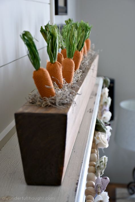 Easter Mantel and Vignette #easter #easterdecor #springmantel #eastermantel #eastervignette #carrotmantel #awonderfulthought Easter Mantel Ideas, Sugar Mold Decor Ideas, Sugar Molds Decor, Crochet Patterns Easter, Wooden Sugar Molds, Easter Drawing, Drawing Easter, Easter Mantel, Easter Buffet