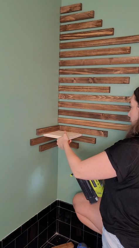 How to Make Plant Slat Shelves - Cedar Hill Builder Diy Floating Shelves Corner, Wood Panel Shelves, Wood Slat Shelf Wall, Slat Wall Plants Indoor, Diy Wood Slat Wall With Shelves, Vertical Slat Wall With Shelves, Corner Slat Wall Ideas, Renter Friendly Wood Slat Wall, Diy Wood Slat Accent Wall