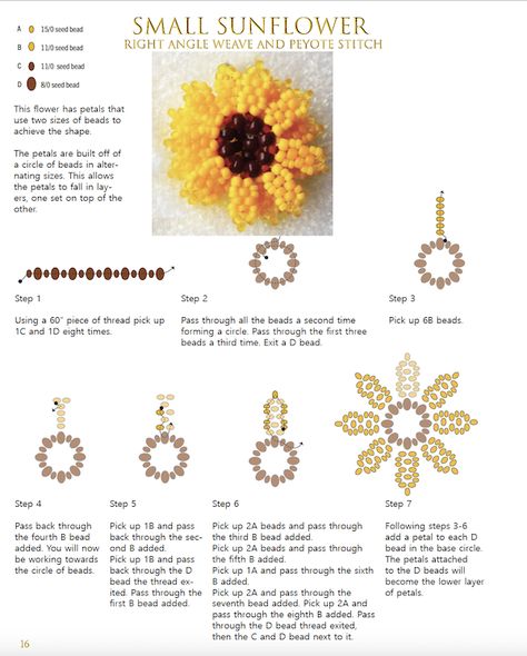 Beaded Flower Patterns Free, Seed Bead Instructions, Small Beaded Flowers, 3d Beading Tutorial, Sunflower Seed Bead Pattern, Seed Bead Sculpture, 3d Seed Bead Patterns, Beaded Sunflower Pattern, Flower Beads Pattern