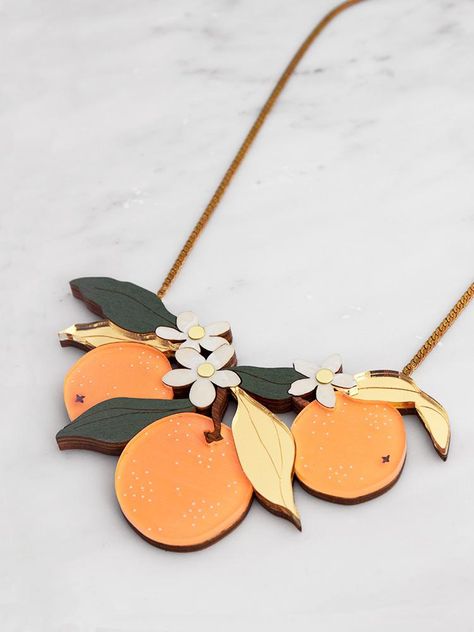 Make at Home Kit - Orange Orchard Necklace — Wolf & Moon Orange Orchard, Playful Jewelry, Mediterranean Summer, Handmade Statement Necklace, Brass Detail, Cotton Jewelry, Wolf Moon, Clay Jewelry Diy, Laser Cut Acrylic