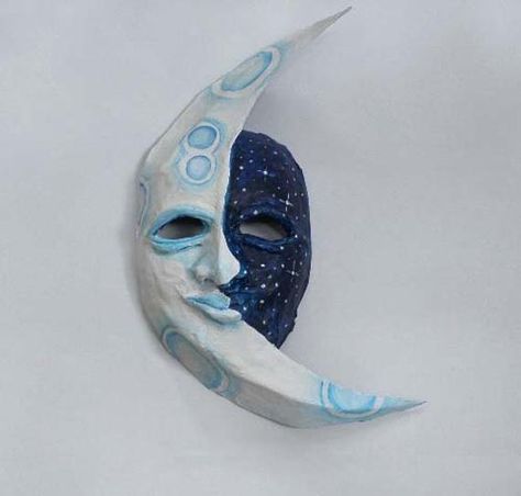 Moon and Stars Mask, nursery,wearable,night sky, lunar, white and blue, unique mask, man in the moon Plaster Mask Ideas, Clay Mask Art, Mascara Papel Mache, Evil Mask, Star Mask, Moon Mask, Masks Ideas, Mask Project, Plaster Relief