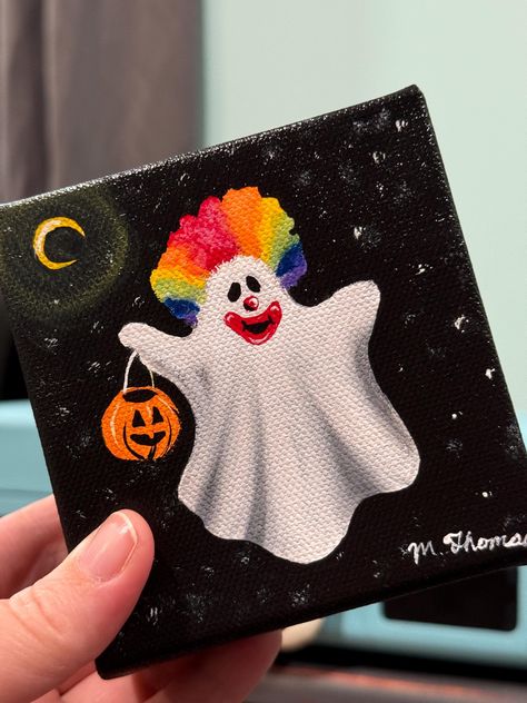 "Clownin' Around Ghost" is an original acrylic painting by me. You will be receiving the original 4"x4" canvas painting. You can hang this piece or display it in a tabletop.  Please reach out for any further questions. 😊 Two Ghost Painting, Kid Halloween Painting Ideas, Simple Spooky Painting Ideas, Vampire Painting Easy, What To Paint With Acrylic Paints, Tiny Canvas Painting Halloween, Ghost Canvas Paintings Easy, Things To Paint On Ur Wall, Ghost Family Painting