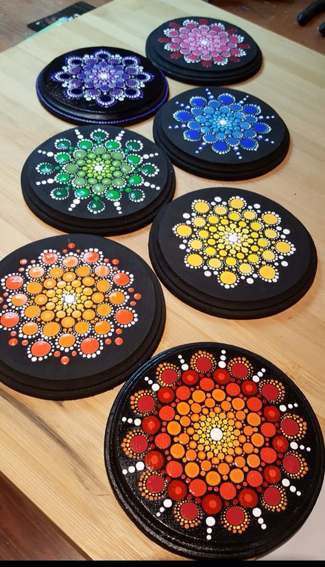 . Circle Dot Mandala, Mandala On Coasters, Mandala Coasters Wood, Dot Painting On Rocks Easy, Chakra Dot Mandala, Dot Mandala On Coaster, Mandala Coasters Painted, Dot Painting Coasters, Dot Mandala Coasters