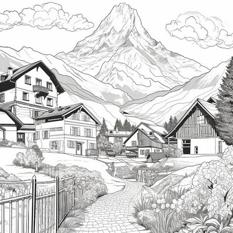 a black and white drawing of a mountain village with a path generative ai Drawing Of A Mountain, White Drawing, Goat Farming, Mountain Village, Black And White Drawing, A Drawing, A Black, Graphic Resources, Sketch