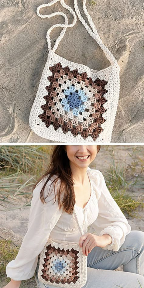 Made from crocheted granny squares, this bag features the immortal design that works for any occasion. The pattern calls for triple stitches, so start this project if you are familiar with the basic techniques. You can also choose any square pattern if you want to customize the piece. Download the free pattern now! #freecrochetpattern #crochetcrossbodybag #crossbodybag #crochetbag #crossoverbag #summeroutfit #grannysquarebag #grannystitchbag Crossbody Granny Square Bag, Granny Square Crossbody Bag Free Pattern, Crochet Crossover Bag Free Pattern, Crochet Granny Square Phone Bag, Crochet Granny Square Crossbody Bag Pattern Free, Easy Crochet Handbag, Crochet Boho Bag Pattern Free Granny Squares, Crochet Boho Crossbody Bag Pattern Free, Crochet Square Purse