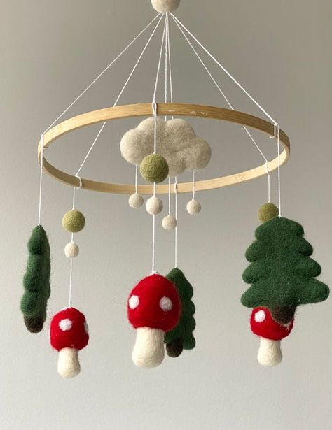 Mushroom Mobile, Felt Ball Mobile, Crib Decoration, Pom Pom Mobile, Stars Baby Mobile, Boy Mobile, Woodland Mobile, Baby Boy Mobile