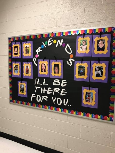 FRIENDS bulletin board How To Make Friends Bulletin Board, Family And Friends Bulletin Board Ideas, Teacher Picture Bulletin Board, Family Bulletin Board Ideas Teachers, Family Boards Classroom, Getting To Know You Bulletin Board Ideas, Preschool Staff Bulletin Board, Friends Theme Room Decor Ideas, We Are A Family Bulletin Board