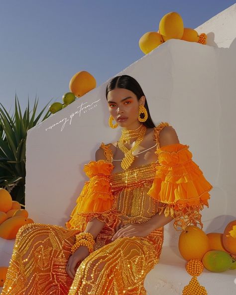 Papaya Mango 🥭 #papaya #mango fruit #fruitfashion #colorful #summer #midjourney #promptography #fashioncontent #fashiongram #aifashion #bazaar #editorial Fruit Inspired Fashion, Fruit Photoshoot Model, Mango Costume, Tropical Fashion Editorial, Fruitful Fashion, Orange Elements, Fruit Dress, Trash Fashion, Summer Editorial