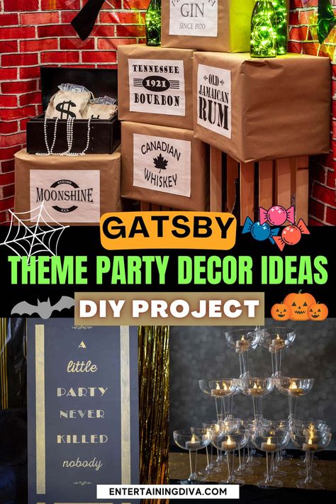 DIY Great Gatsby Decorations | Great Gatsby Party Great Gatsby Bar Decor, Prohibition Party Decorations Diy, 1920 Party Decorations Diy, Speakeasy Party Decorations Diy, 1920 Speakeasy Party, 1920s Decorations Roaring 20s, Gatsby Halloween Party, Diy Gatsby Decorations, Speak Easy Decorations