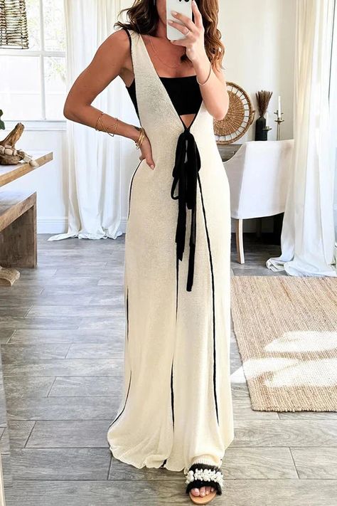 Contrast Self Tie Flowy Oversized Maxi Dress Belted Flowy Dress, Boat Day Outfit Summer, Boat Outfits, Boat Date, Boat Day Outfit, Boat Outfit, Oversized Maxi Dress, Hamptons Outfit, Hamptons Fashion