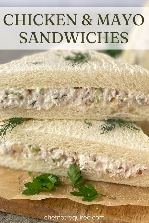 This recipe is for awesome chicken mayonnaise sandwich! Not just any boring chicken sandwich, these are filled with celery and walnuts for crunch plus extra seasoning to make these the best chicken sandwiches ever! Great for parties, picnics or lunch - also great for feeding a crowd. Chicken Sandwich Filling, Party Sandwiches Recipes, Chicken Mayo Sandwich, Chicken Mayonnaise, Mayonnaise Sandwich, Awesome Chicken, Tea Party Sandwiches, Tea Sandwiches Recipes, Gourmet Grilled Cheese