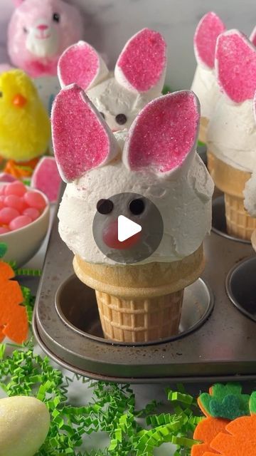 Easter Bunny Ice Cream Cone Cupcakes, Easter Ice Cream Cone Cupcakes, Easter Food Ideas Desserts Easy Recipes, Bunny Ear Cupcakes, Easter Cupcake Ideas, Easter Ice Cream, Current Recipes, Easter Deserts, Easter Party Food