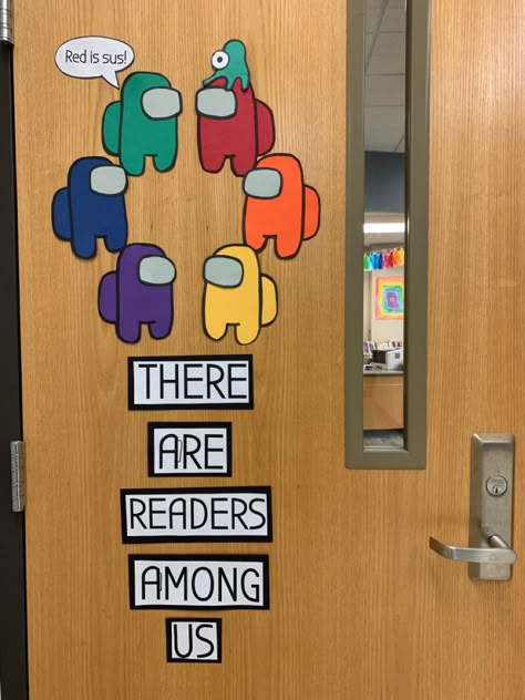 #amongus Library display Classroom door Among Us Library Display, School Library New Books Display, School Door Decorations Book Theme, Library Display Board Ideas, Door Decorations Library, Door Displays For Classrooms, Among Us Classroom Door, English Door Decoration, Reading Door Decorating Ideas