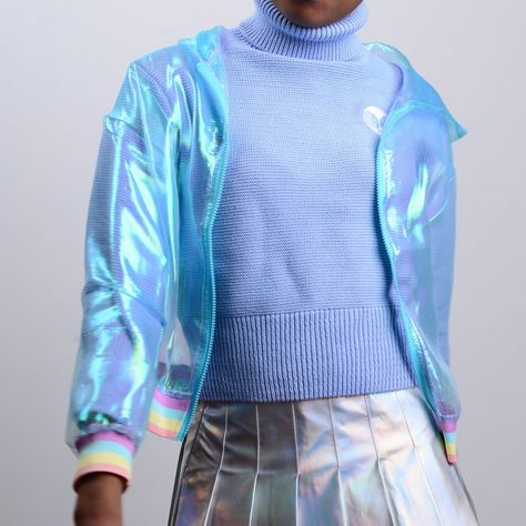 Holographic Jacket, Sheer Outfit, Holographic Blue, Rainbow Holographic, Sheer Jacket, Vinyl Clothing, Star Clothing, Blue Aesthetic Pastel, Fashion Wishlist