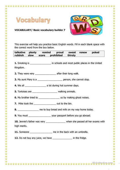 Vocabulary 7 - English ESL Worksheets for distance learning and physical classrooms Vocabulary English, Vocabulary Builder, Classroom Quotes, We Are Best Friends, Vocabulary Worksheets, Teaching Jobs, Esl Worksheets, English Grammar, All You Can