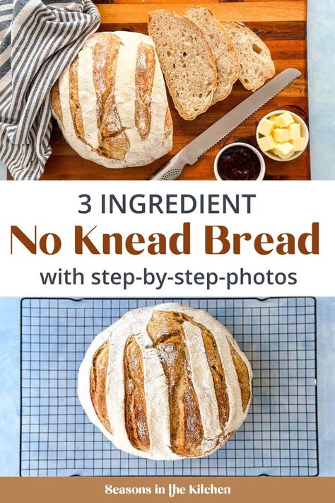 This 3 ingredient no knead bread is perfect for beginners! This simple recipe uses all-purpose flour, salt, and yeast to create a rustic, crusty loaf that’s great with any meal. 3 Ingredient Bread, Basic Bread Recipe, Beginners Bread Recipe, Oven Bread, Dutch Oven Bread, Flour Bread, Knead Bread Recipe, Oven Baked Recipes, Knead Bread