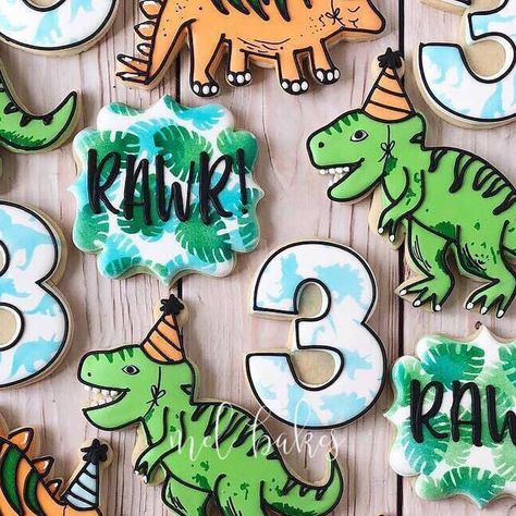 Melissa Wilson on Instagram: "Cute little dinosaur birthday cookies to match the decorations! 🦖🍪 . . #Dinosaurs #TRex #Stegosaurus #DinosaurCookies #Partysaurus #3rdBirthday #3rdBirthdayCookies #Rawr #Cookies #Decorated #DecoratedCookies #Custom #CustomCookies #TulsaCookies #Tulsa #Oklahoma #MelBakesTulsa" T Rex Cookies Decorated, Three Rex Birthday Cookies, Dinosaur Cookies 3rd Birthday, Dinosaur Birthday Cookies Boys, 3 Rex Cookies, Dinosaur Decorated Cookies, Three Rex Cookies, Dinosaur Cookies Decorated, Dinosaur Birthday Cookies