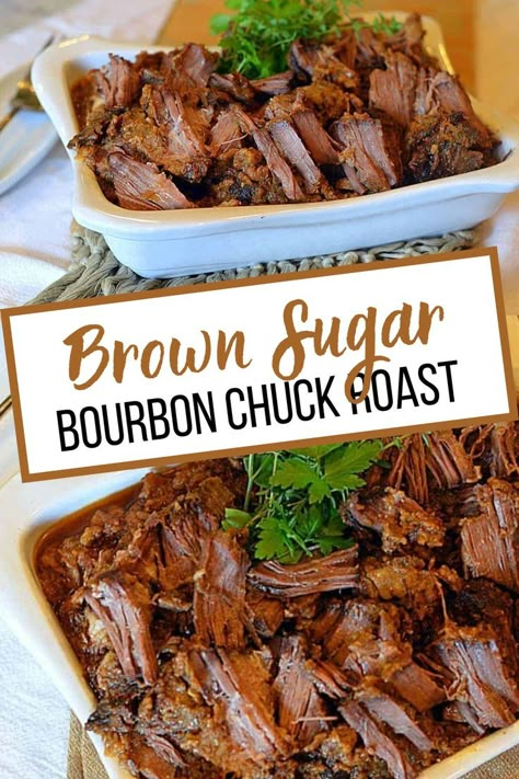 Collage of brown sugar bourbon chuck roast in white serving platter at top and overhead shot of roast in platter at bottom. Chuck Roast Crock Pot Recipes, Roast Beef Crock Pot Recipes, Beef Roast Crock Pot, Crockpot Roast Recipes, Chuck Roast Recipes, Pot Roast Crock Pot Recipes, Bbq Roast, Brown Sugar Recipes, Crockpot Roast