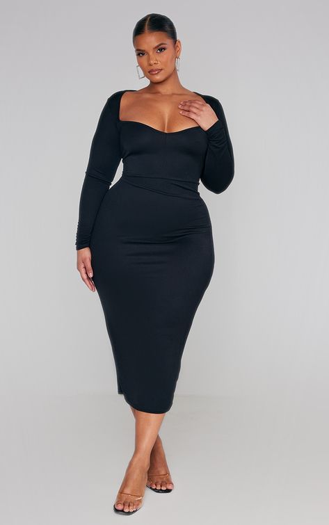 Sweetheart Neckline Dress, Midi Dress Plus Size, Look Plus Size, Dress Long Sleeves, Neckline Dress, Sweetheart Dress, Curvy Dress, Curvy Girl Outfits, Long Sleeve Midi