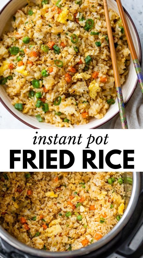 Instant Pot Fried Rice is just as crave-worthy and savory as your favorite takeout version. Filled with buttery rice, a medley of vegetables, and eggs, this easy vegetarian side dish is ready to eat in just 20 minutes! Instant Pot Fried Rice, Easy Vegetarian Sides, Buttery Rice, Veggie Fried Rice, Fried Rice With Egg, Vegetable Fried Rice, Vegetarian Dish, One Pot Dinner, Chicken Fried Rice