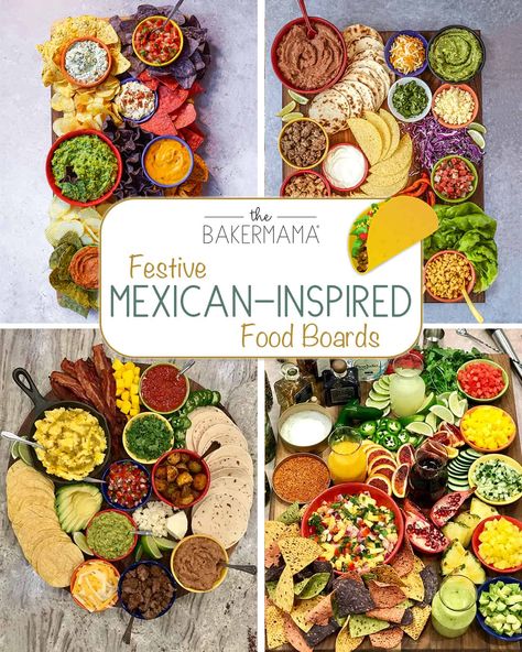 Mexican Inspired Boards by The BakerMama Tacobar Party, Taco Board, Mexican Dinner Party, Easy Homemade Salsa, Mexican Snacks, Food Boards, Queso Fundido, Ground Beef Tacos, Charcuterie Inspiration