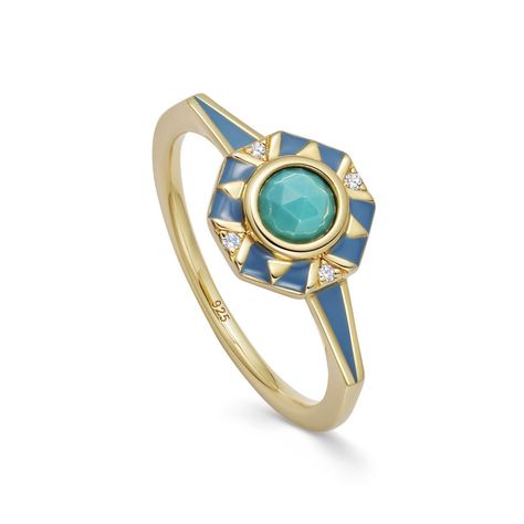 Inspired by antique Art Deco jewellery, this Turquoise ring has a striking geometric design. Vibrant Turquoise symbolises protection and positivity and is framed by on-trend blue enamel and tiny White Sapphires. The octagonal motif with ornate engraving is created in 18ct Gold Vermeil Plated Sterling Silver. Each piece in our Deco collection is designed to layer effortlessly together for an elevated everyday look. 18ct Gold Vermeil Turquoise for protection and positivity White Sapphires Antique Art Deco Jewelry, Art Deco Jewellery, Enamel Jewellery, Diamond Locket, Solid Gold Bracelet, Gold Vermeil Jewelry, Jewelry Lockets, Solid Gold Necklace, Diamond Cocktail Rings