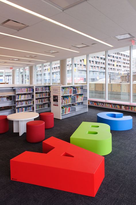 Fort York Branch - Toronto Public Library - children's area  A B C letters. Library Seating Area, Public Library Design, Library Seating, School Library Design, Kindergarten Interior, School Building Design, Daycare Decor, Daycare Design, Library Inspiration