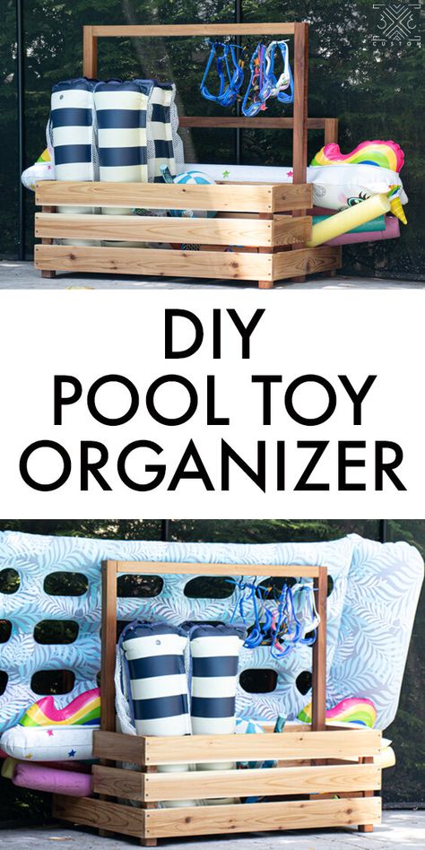 Diy Pool Toys, Pool Toy Organization, Pool Organization, Pool Float Storage, Pool Toy Storage, Pool Deck Decorations, Toy Storage Bin, Pallet Pool, Wooden Pool