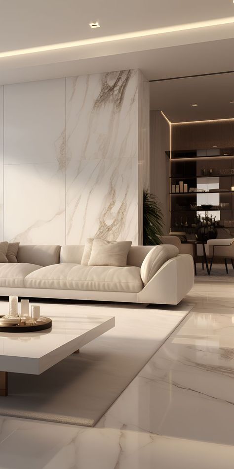 White Marble Living Room Floor, White Marble Flooring Design Living Room, White Marble Floor Living Room, White Tiles Living Room, Modern Living Room Ideas Luxury, White Marble Living Room, Marble Floor Living Room, Interior Pillars, Marble Interior Design